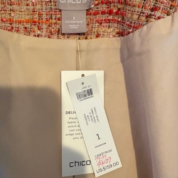 CHICO'S NEW classic, women's jacket Size 1, textured material, beaded accents - Picture 3 of 6